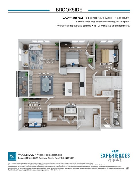 A brochure for a new apartment complex called Brookside is displayed.